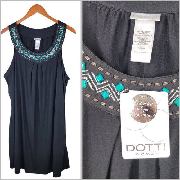 NEW Dotti Plus Size 2X Shirt Mini Dress Blue Beaded Embroidered Collar Black - Picture 1 of 8